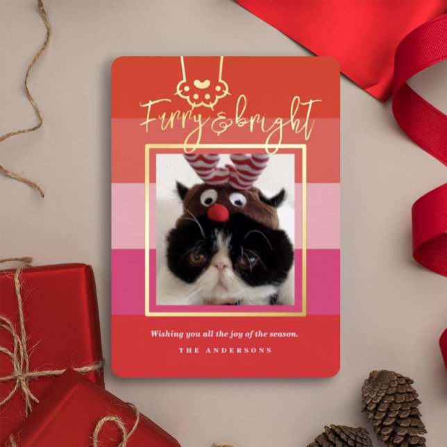 Christmas Furry & Bright Pet Photo Red  Foil Holiday Card (Creator Uploaded)