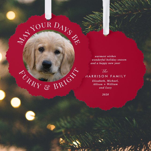 Christmas Furry Bright Pet Photo Red Holiday Tree Decoration Card (Share the love and warmth of the holiday season with a photo paper ornament card)