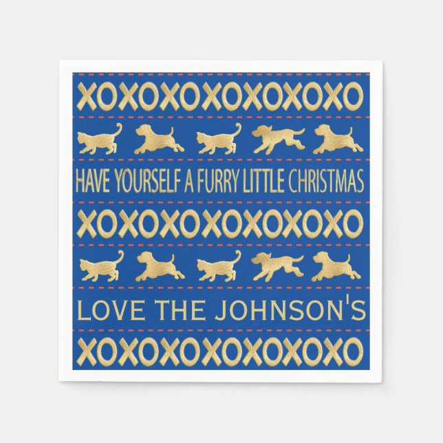 Christmas Furry Navy and Gold Napkin (Front)