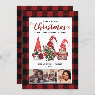 Christmas Garden Gnome Buffalo Plaid Rustic Pine Holiday Card
