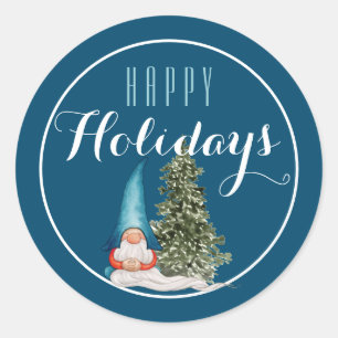 Christmas Garden Gnome Happy Holiday/ Blue Classic Round Sticker
