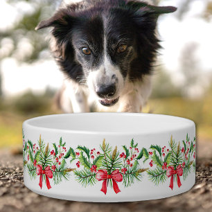 Christmas garland berries red bow pet bowl