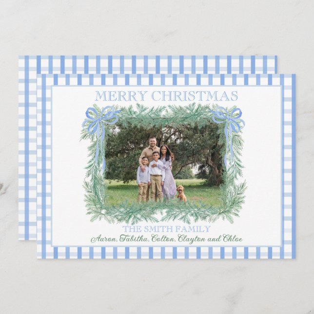 Christmas Garland Blue Bow Ribbon Gingham Holiday Card (Front/Back)