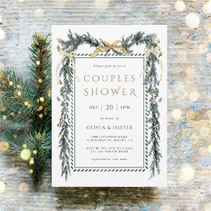 Christmas Garland Couples Shower Gold & Green Invitation