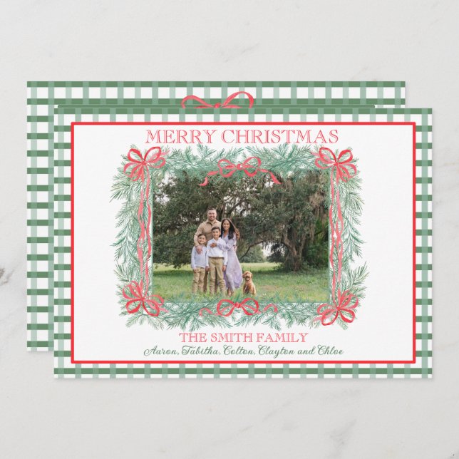 Christmas Garland Red Ribbon Green Gingham Holiday Card (Front/Back)