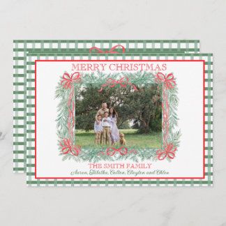 Christmas Garland Red Ribbon Green Gingham Holiday Card