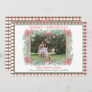 Christmas Garland Red Ribbon Green Gingham Holiday Card