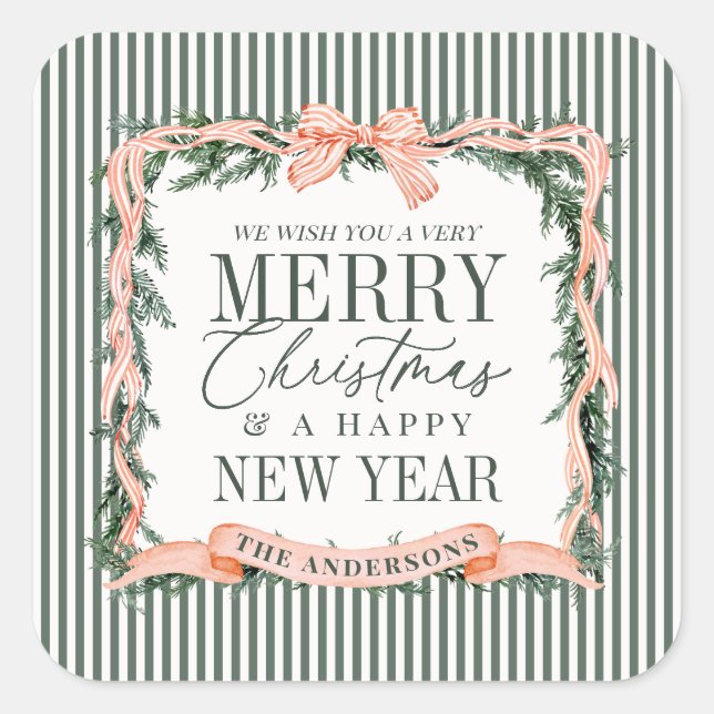 Christmas Garland Ribbon Frame Square Sticker (Front)