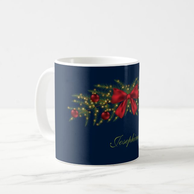 Christmas Garland With A Red Bow And Baubles Coffee Mug (Front Left)