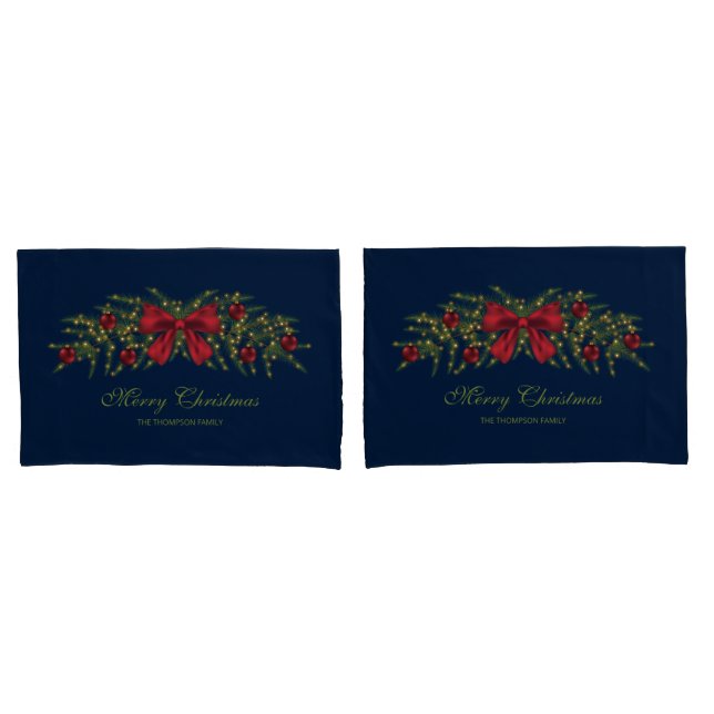 Christmas Garland With A Red Bow And Baubles Pillowcase (Front-Set)