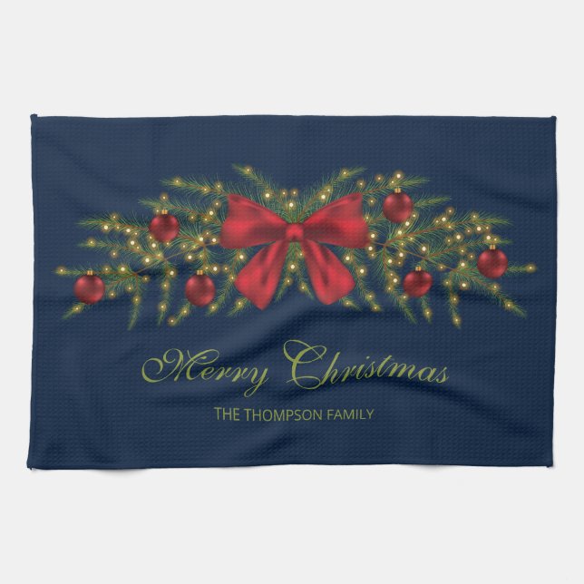Christmas Garland With A Red Bow And Baubles Tea Towel (Horizontal)