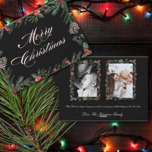 Christmas Garland with Holly 2 Photo Christmas Holiday Card