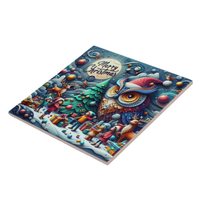 Christmas gathering under a whimsical owl ceramic tile (Side)