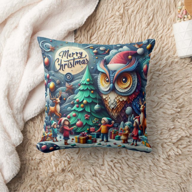 Christmas gathering under a whimsical owl cushion (Blanket)