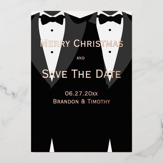 Christmas Gay Save The Date Rose Gold Foil Card (Front)