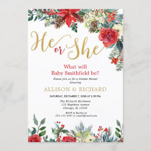 Christmas gender reveal burgundy gold floral invitation