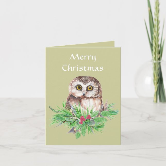 Christmas General  Cute Little Owl, Bird Greeting Holiday Card (Front)