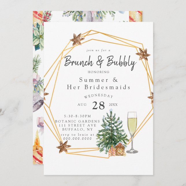 Christmas Geometric Gold Brunch and Bubbly Invitat Invitation (Front/Back)