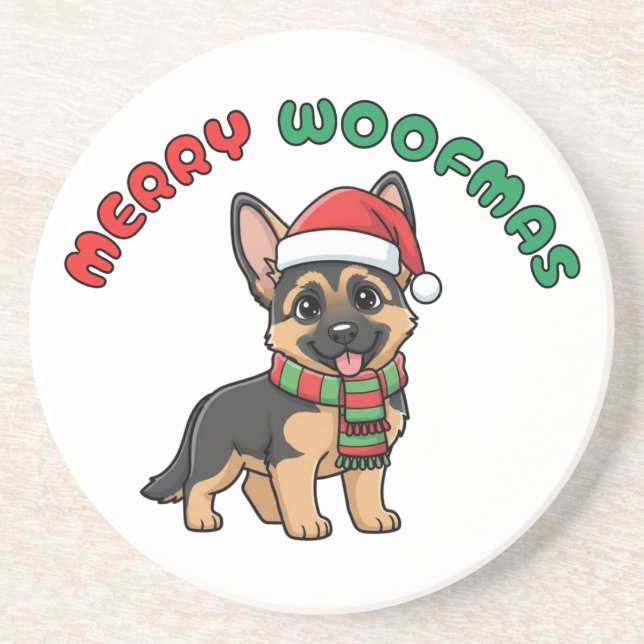 Christmas German Shepherd Coaster: Merry Woofmas Coaster (Front)