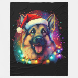 Christmas German Shepherd Dog with Santa Hat Fleece Blanket
