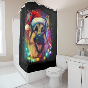 Christmas German Shepherd Dog with Santa Hat Shower Curtain