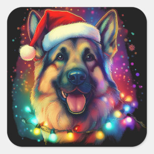 Christmas German Shepherd Dog with Santa Hat   Square Sticker