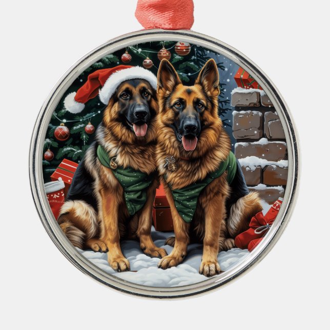 Christmas German Shepherd Dogs Metal Ornament (Front)