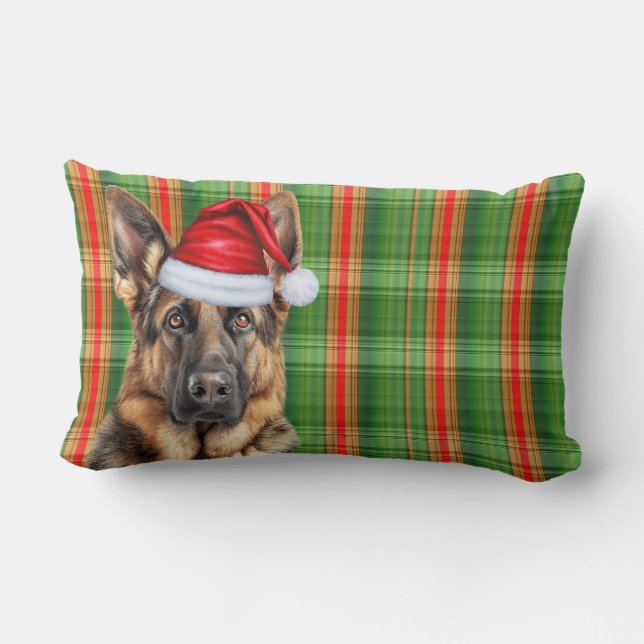 Christmas German Shepherd Red Green Plaid Holiday Lumbar Cushion (Back)