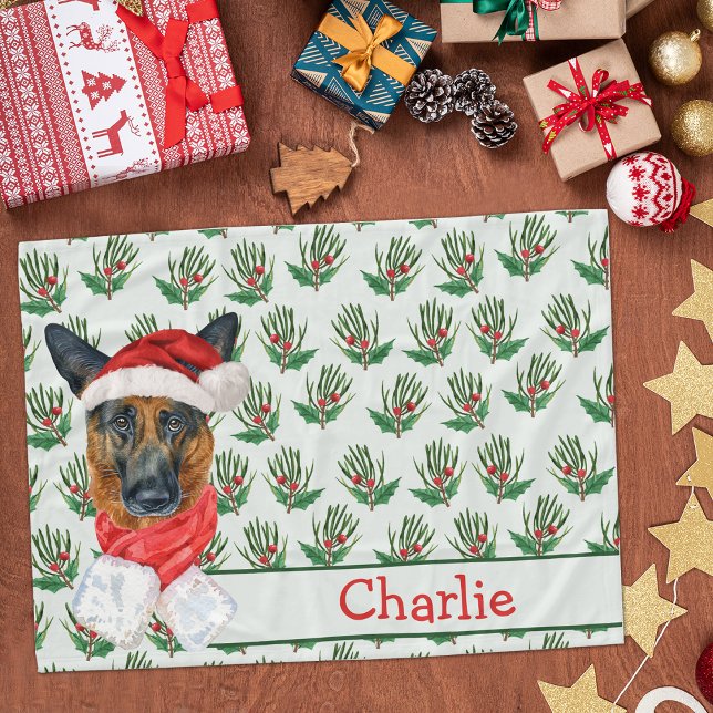 Christmas German Shepherd With Dog's Name Fleece Blanket (Creator Uploaded)
