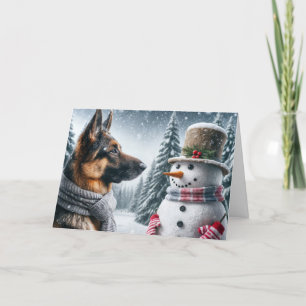 Christmas German Shepherd With Snowman Card