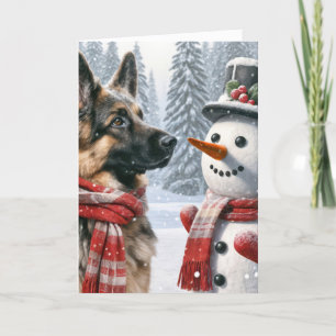 Christmas German Shepherd With Snowman Card