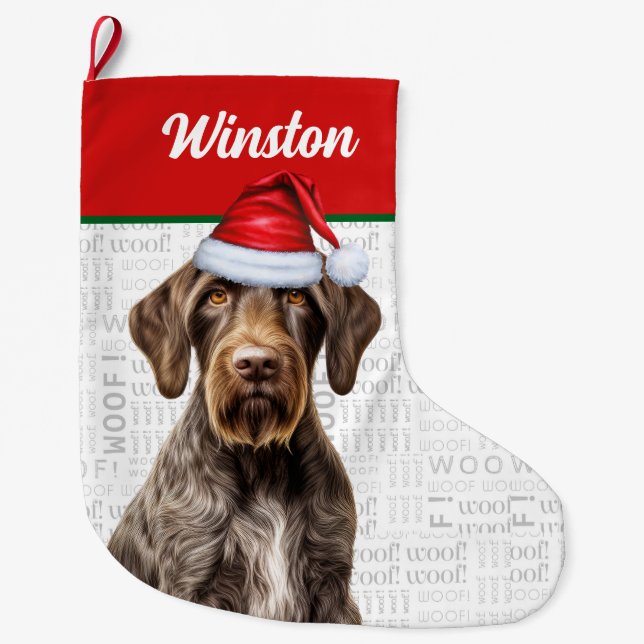 Christmas German Wirehaired Pointer with Name Woof Large Christmas Stocking (Front)
