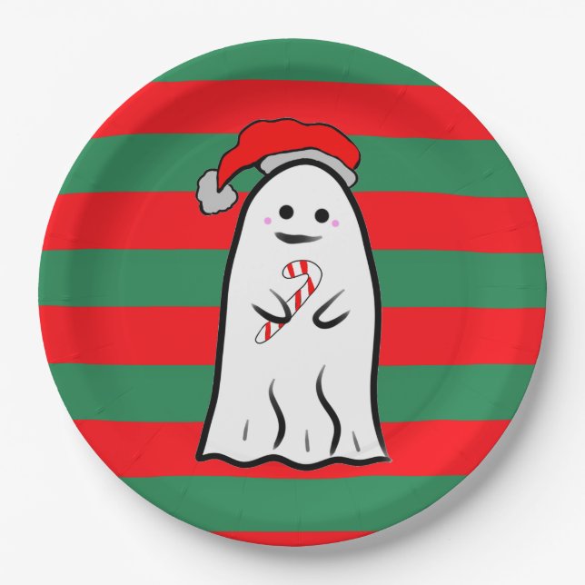 Christmas Ghost on Red and Green Stripes Paper Plate (Front)
