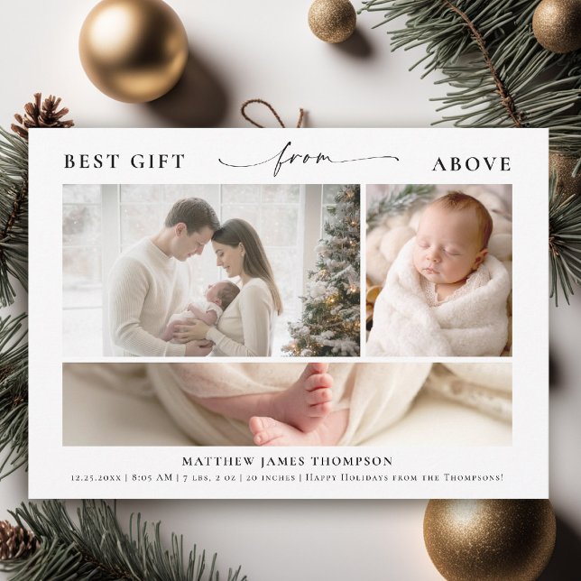Christmas Gift Above Elegant Modern Baby 3 Photo Holiday Card (best gift from above baby christmas card minimalist simple 3 photos calligraphy elegant christian)