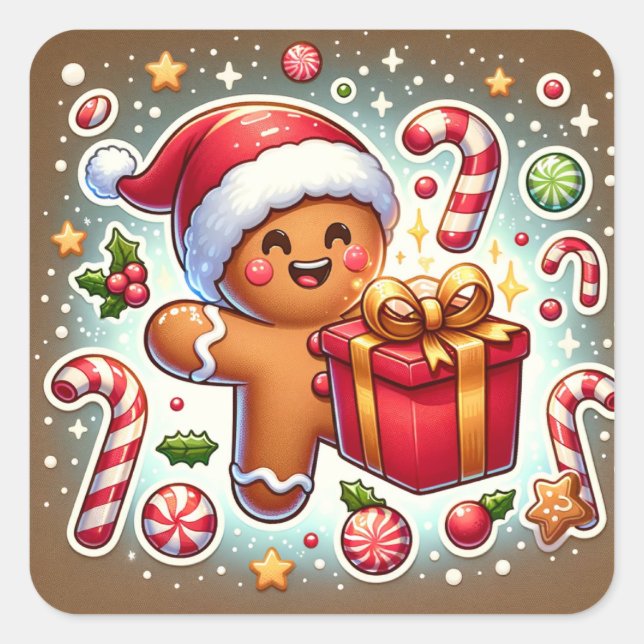 Christmas Gift and Ginger Bread Man Square Sticker (Front)