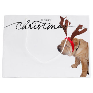 CHRISTMAS GIFT BAG BULLDOG WEARING ANTLERS