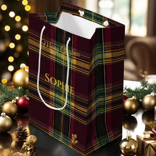 Christmas Gift Bag Burgundy Plaid Tartan Design