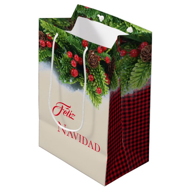 Christmas Gift Bag-Evergreen Feliz Navidad Medium Gift Bag (Front Angled)