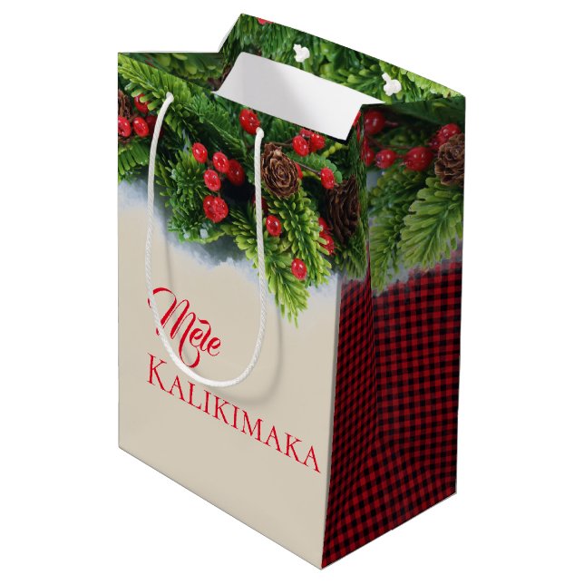 Christmas Gift Bag-Evergreen Mele Kalikimaka Plaid Medium Gift Bag (Back Angled)