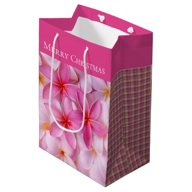 Christmas Gift Bag-Merry Christmas Plumeria Plaid Medium Gift Bag (Front Angled)