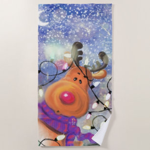 Christmas Gift Beach Towel Happy Reindeer