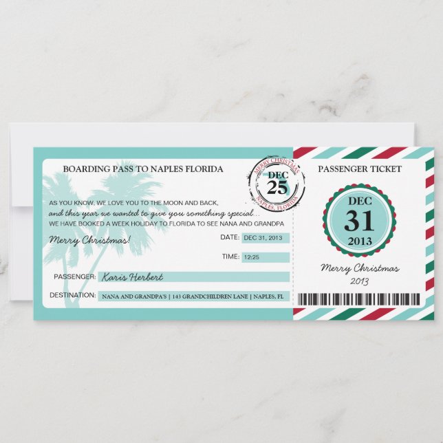 Christmas Gift Boarding Pass to Florida Invitation (Front)