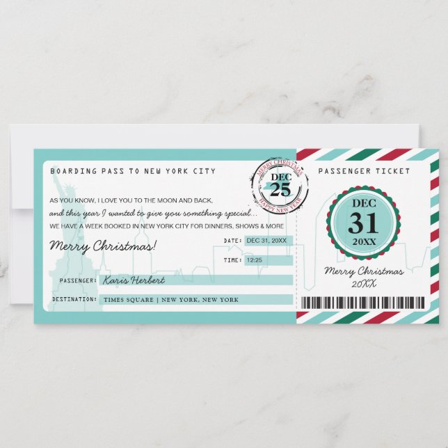 Christmas Gift Boarding Pass to NEW YORK Invitation (Front)