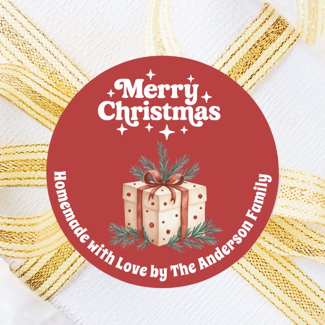 Christmas gift box homemade red white classic round sticker (Creator Uploaded)