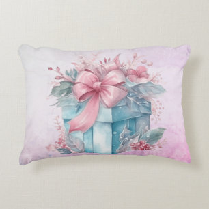 Christmas Gift Box In Pale Blue and Pink Ribbon Decorative Cushion