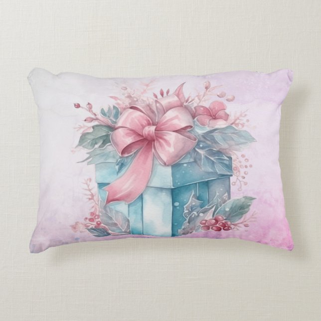 Christmas Gift Box In Pale Blue and Pink Ribbon Decorative Cushion (Front)