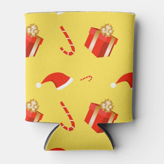 Christmas gift box Santa hat candy cane Can Cooler (Front)