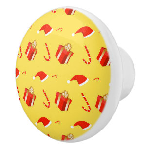 Christmas gift box Santa hat candy cane Ceramic Knob