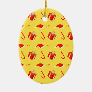 Christmas gift box Santa hat candy cane Ceramic Ornament