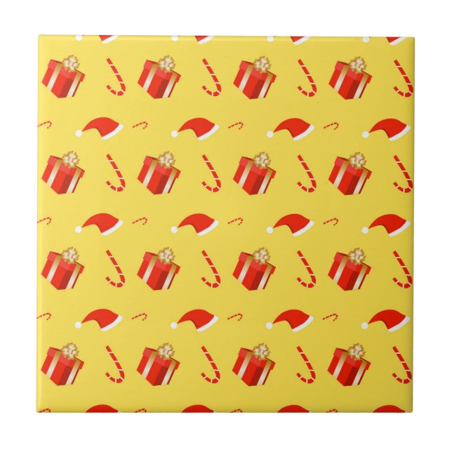 Christmas gift box Santa hat candy cane Ceramic Tile (Front)